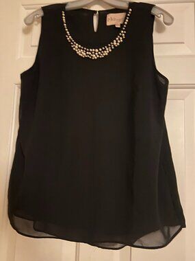 Women Philosophy ELEGANT Black TOP Sleeveless Adorned w/ white Faux Pearl Beads
